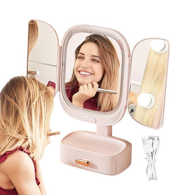 LED Tri-Fold Makeup Mirror with Integrated Organizer