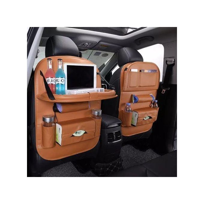 Car back-seat organizer with a built-in foldable tray table,