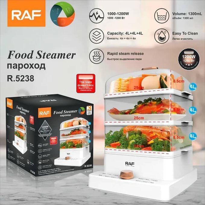 RAF 3-Tier Electric Food Steamer – 12L Multi-Layer Healthy Cooker (1200W)