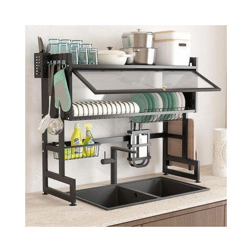 (75CM Single Sink)Over The Sink Dish Drying Rack Dish Drainer For Storage Kitchen Counter Organization Display - Black