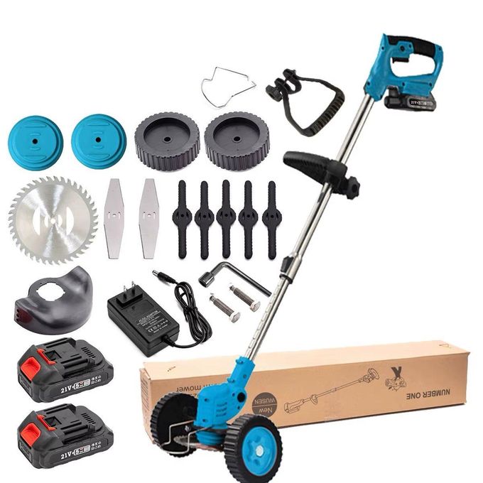 Cordless, battery-powered lawn trimmer and brush cutter kit