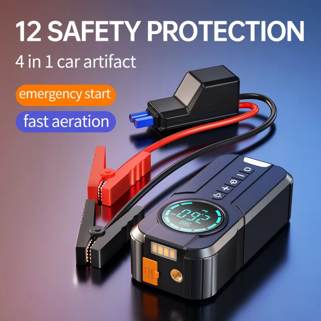 4-in-1 Portable Car Jump Starter, Tire Inflator & Power Bank