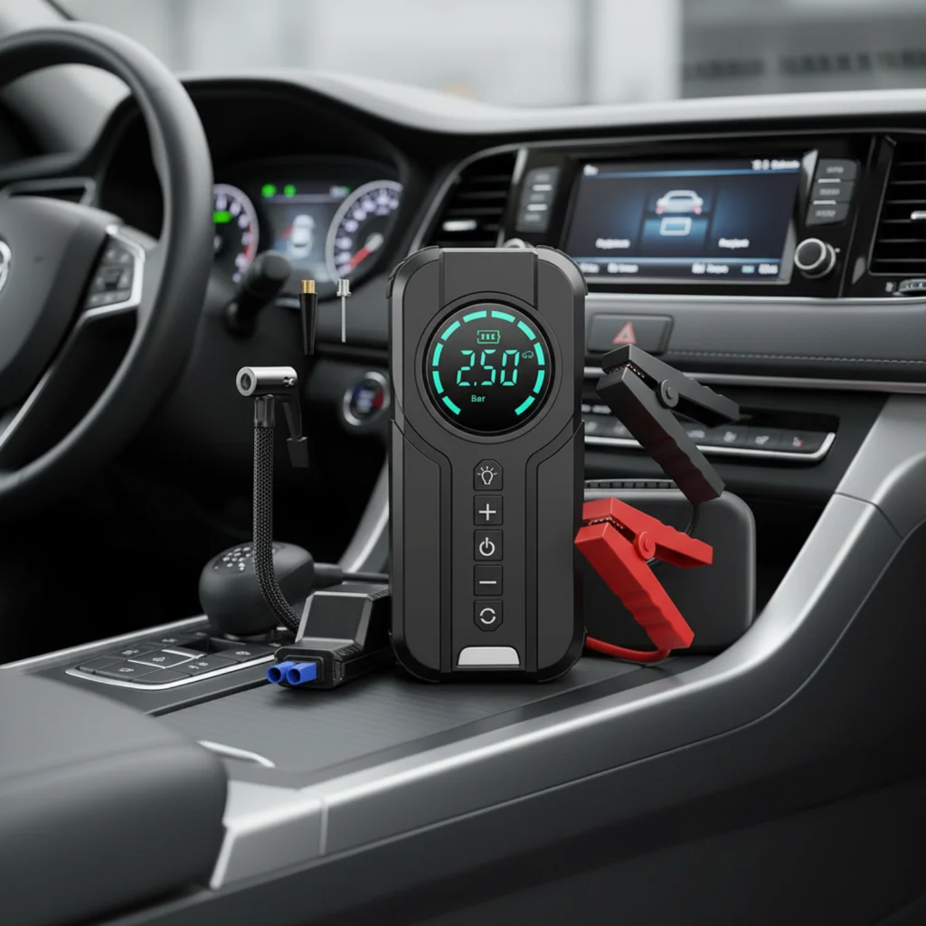 4-in-1 Portable Car Jump Starter, Tire Inflator & Power Bank