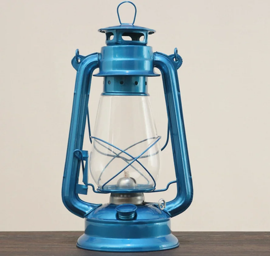 Vintage Metallic Blue Hurricane Oil Lantern / Storm Lamp