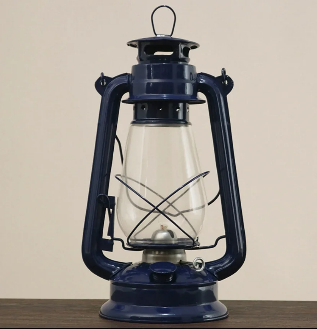 Vintage Metallic Blue Hurricane Oil Lantern / Storm Lamp