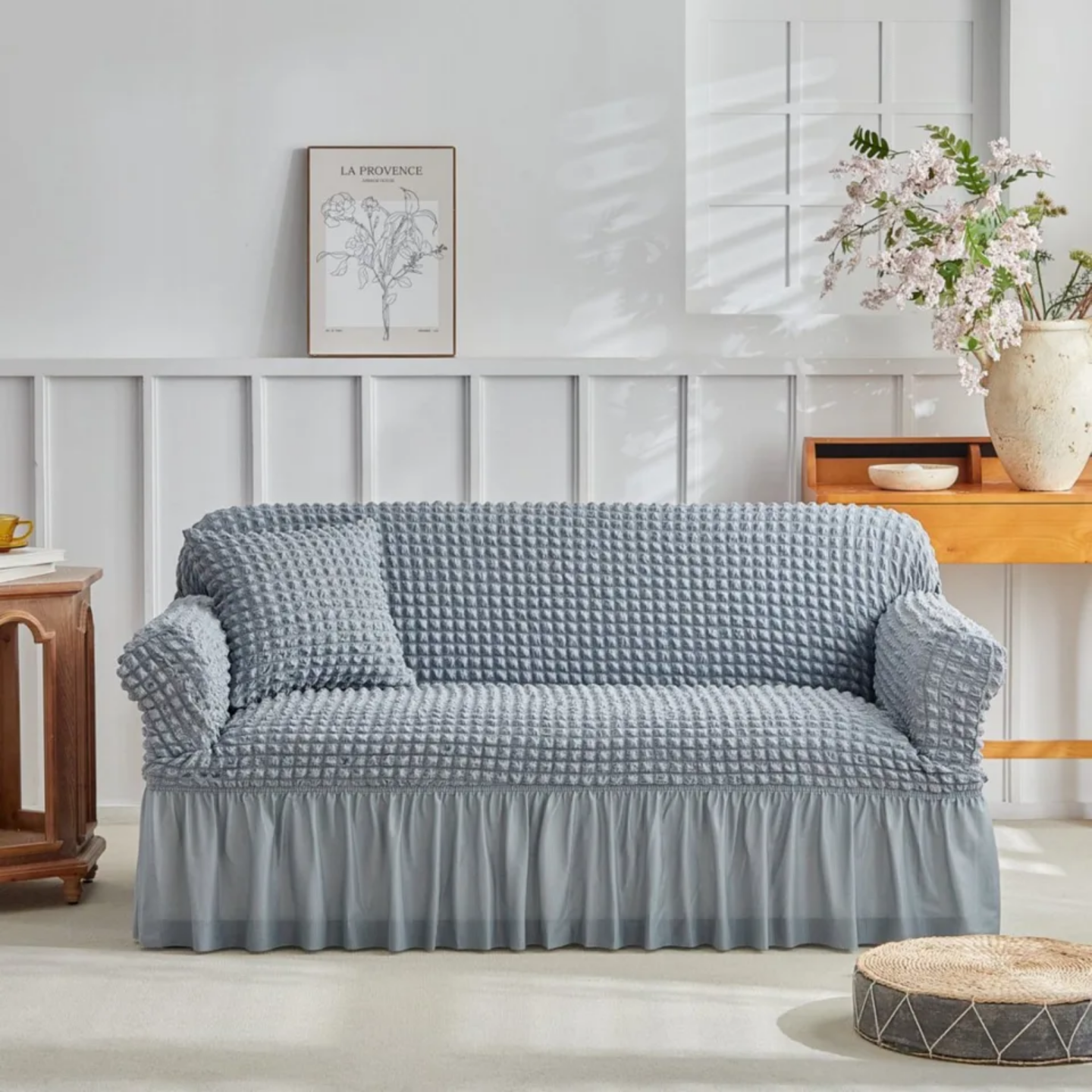 Stretchy Jacquard Sofa Slipcover with Elegant Ruffled Skirt