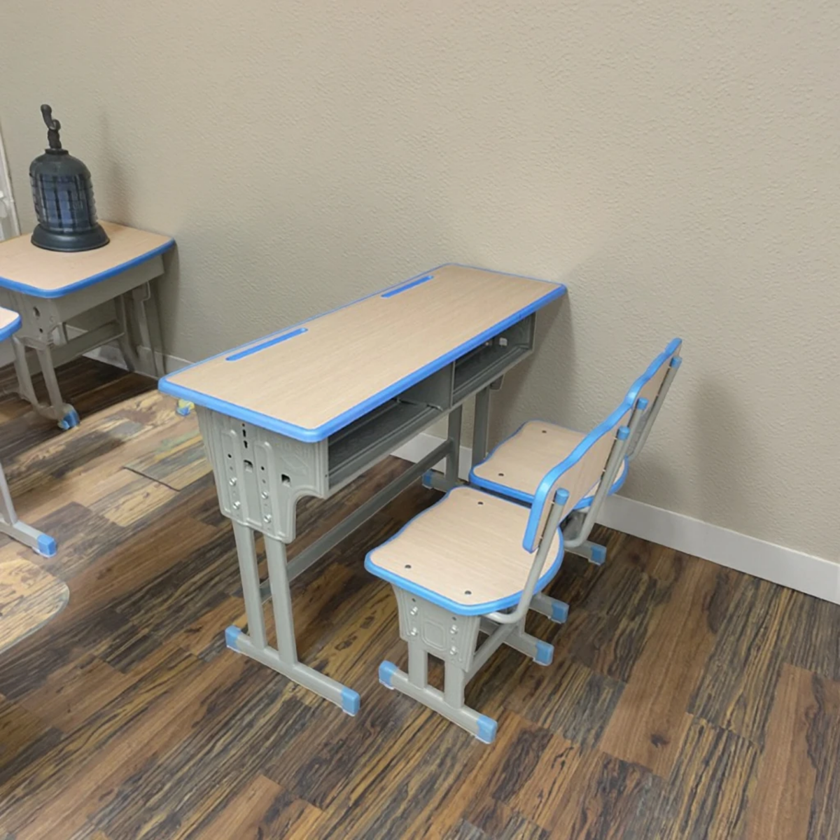 Double Student Desk and Chair Set with Storage Compartment