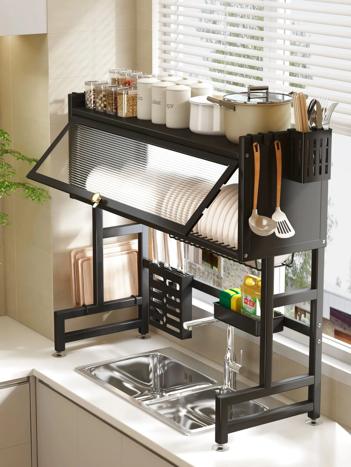 Over-the-Sink Stainless Steel Dish Drying Rack & Cabinet Organizer