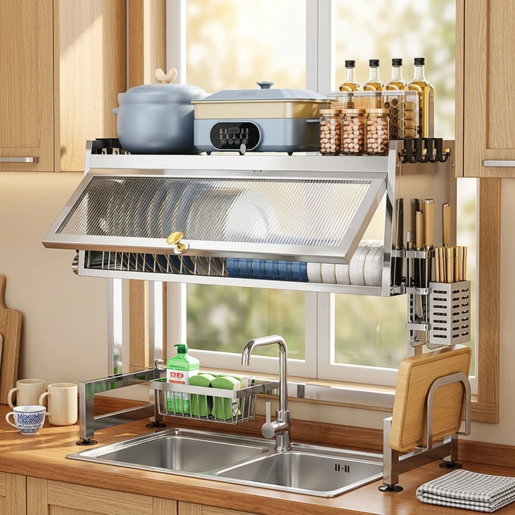 Over-the-Sink Stainless Steel Dish Drying Rack & Cabinet Organizer