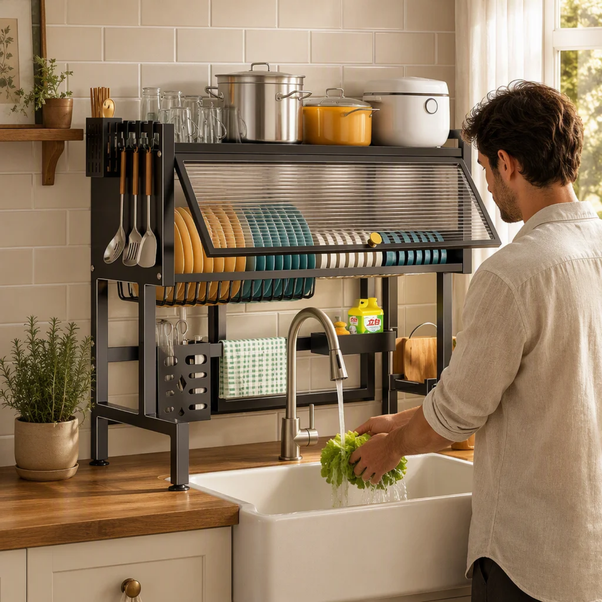 Over-the-Sink Stainless Steel Dish Drying Rack & Cabinet Organizer