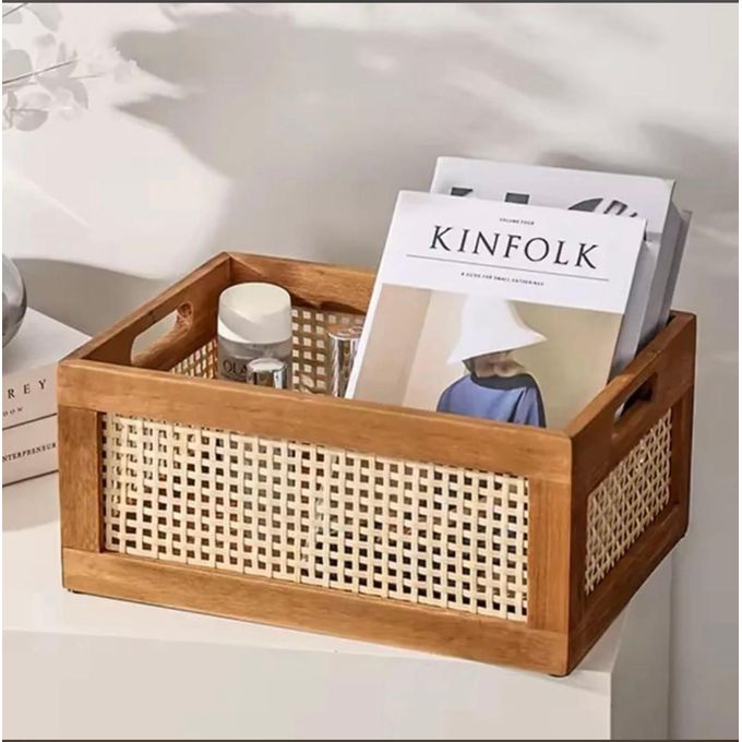 Handcrafted Wooden & Rattan Storage Crate