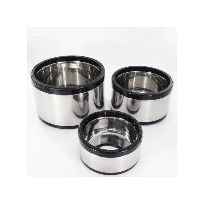 Three insulated stainless steel hot pots (casseroles)