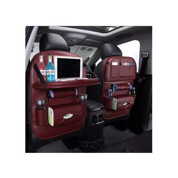 Car back-seat organizer with a built-in foldable tray table,