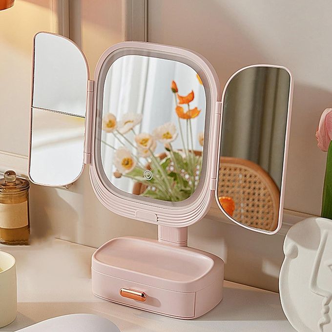 LED Tri-Fold Makeup Mirror with Integrated Organizer