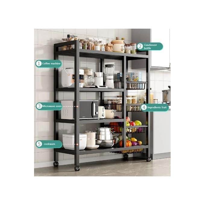 Kitchen Rack Organizer with Wheels Waterproof & Rustproof Shelf Vegetable Basket + Kitchen Machine Multi Layer Kitchen Sundries Storage Snack Rack Bookshelf - Black