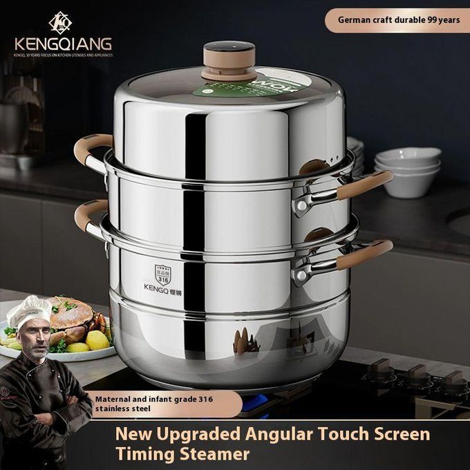 3-Layer Stainless Steel Food Steamer With A Timer-Silver (32CM, 28CM)