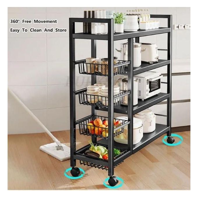 Kitchen Rack Organizer with Wheels Waterproof & Rustproof Shelf Vegetable Basket + Kitchen Machine Multi Layer Kitchen Sundries Storage Snack Rack Bookshelf - Black