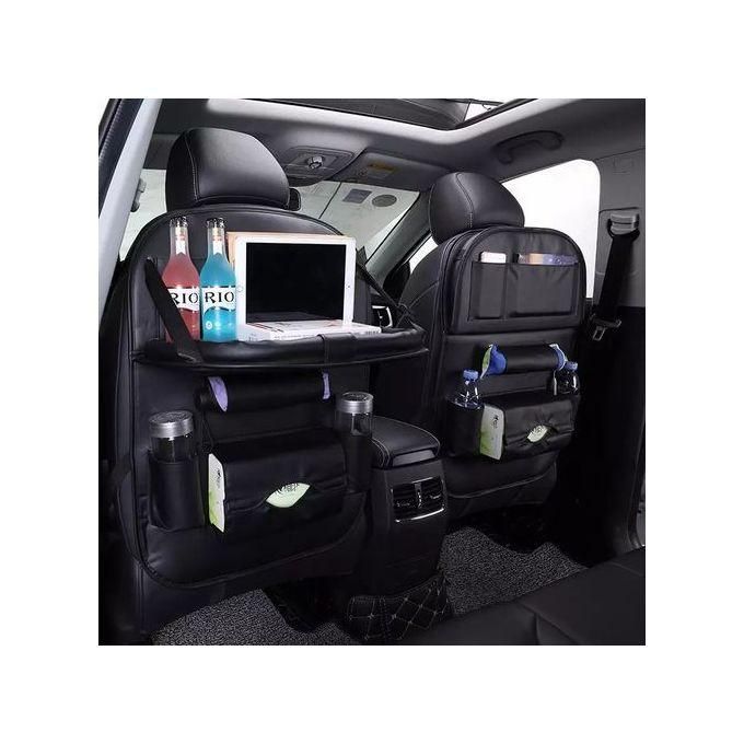 Car back-seat organizer with a built-in foldable tray table,