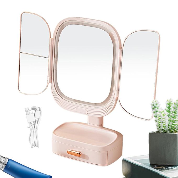 LED Tri-Fold Makeup Mirror with Integrated Organizer
