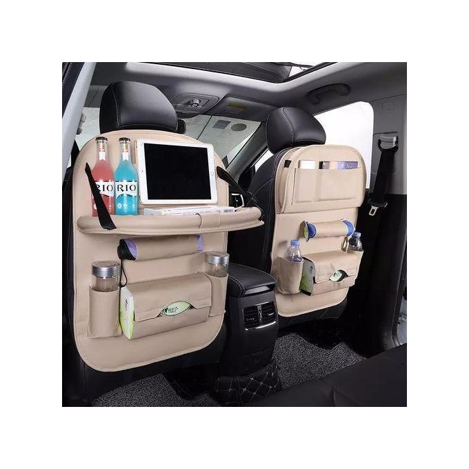 Car back-seat organizer with a built-in foldable tray table,