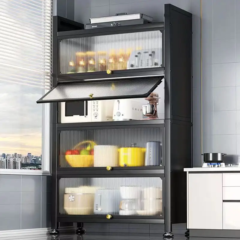 4-Tier Modern Kitchen Storage Cabinet – Multi-Purpose Utility Organizer with Fluted Glass Doors