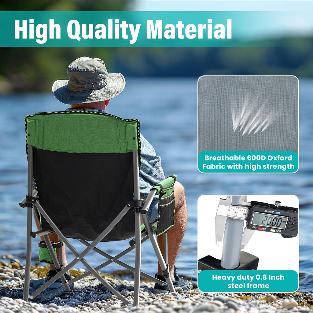 High Back Folding Camping Chair with Side Storage Pocket - Green/Black