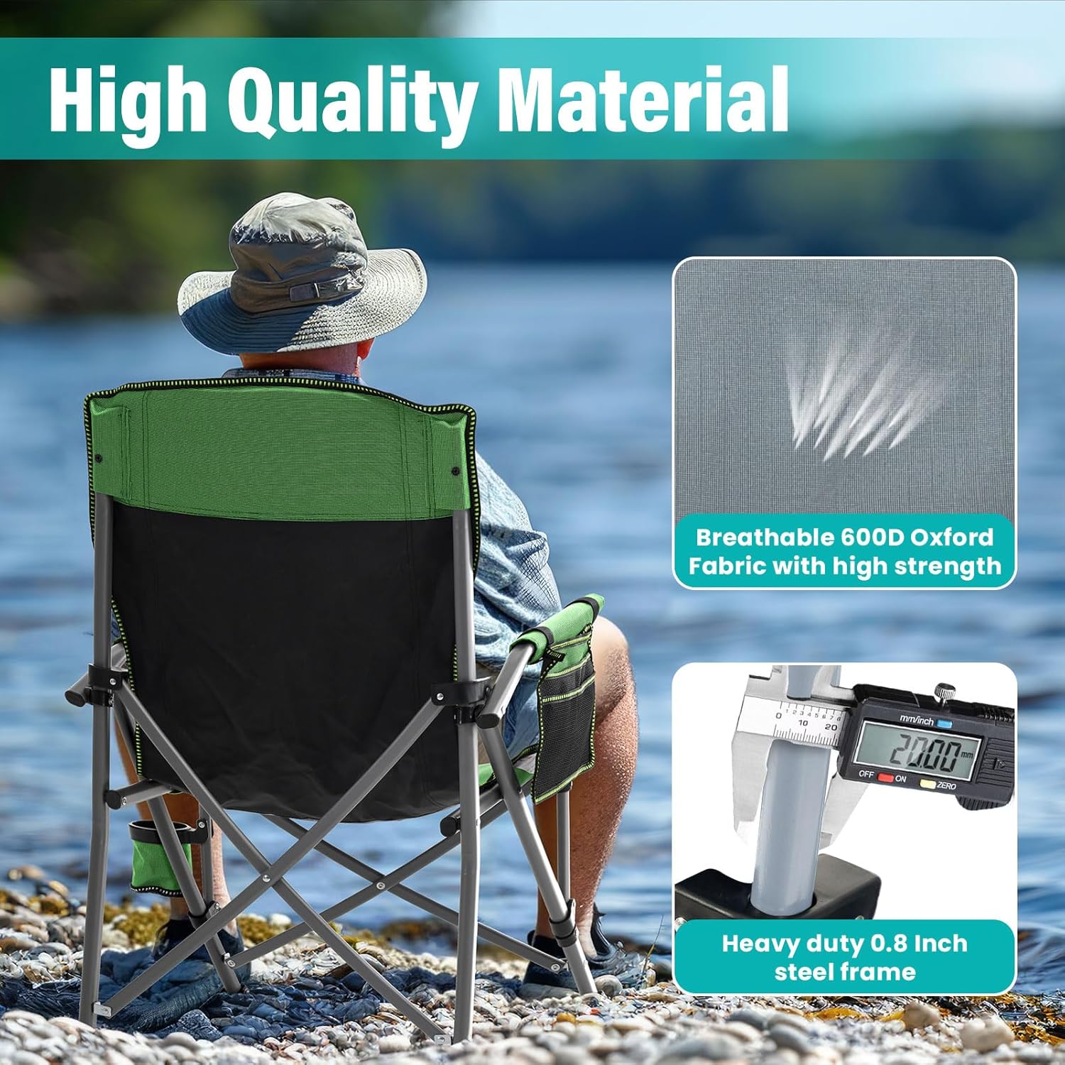 High Back Folding Camping Chair with Side Storage Pocket - Green/Black