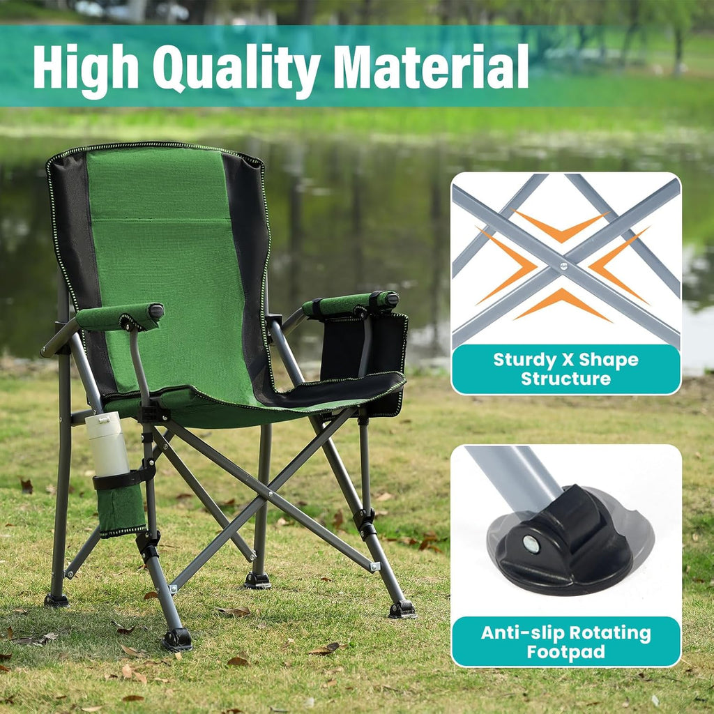 High Back Folding Camping Chair with Side Storage Pocket - Green/Black