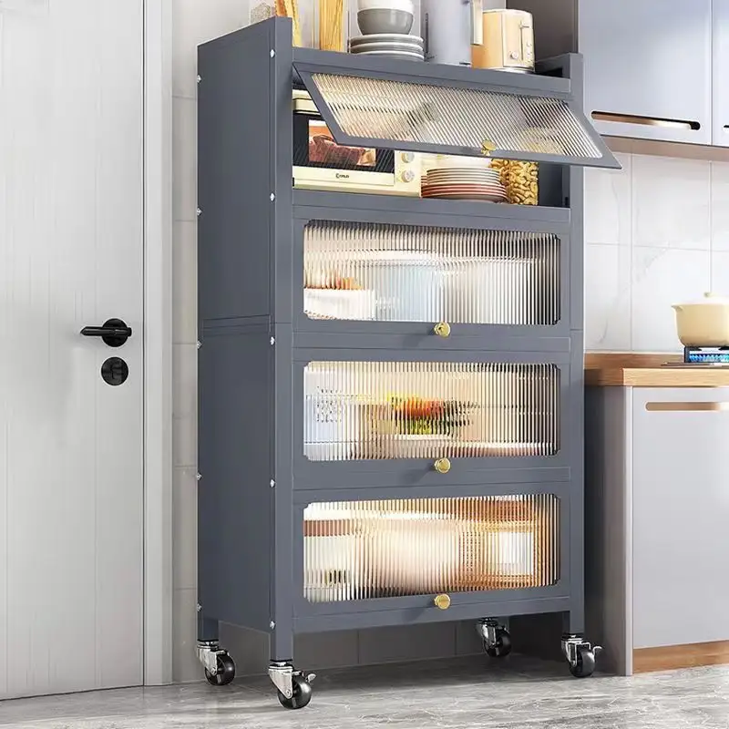 4-Tier Modern Kitchen Storage Cabinet – Multi-Purpose Utility Organizer with Fluted Glass Doors