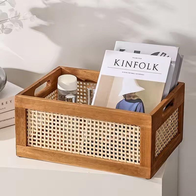 Handcrafted Wooden & Rattan Storage Crate