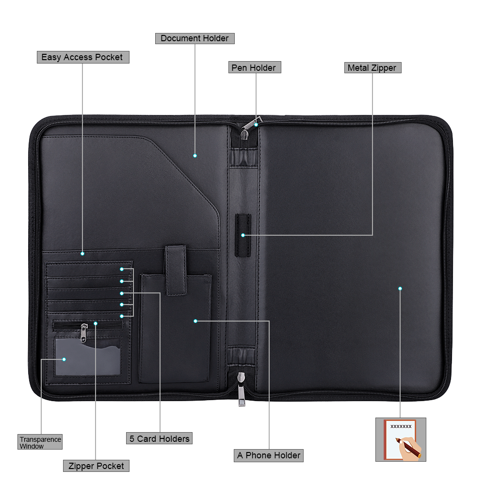 Professional Zippered Leather Executive Business Padfolio & Document Organizer