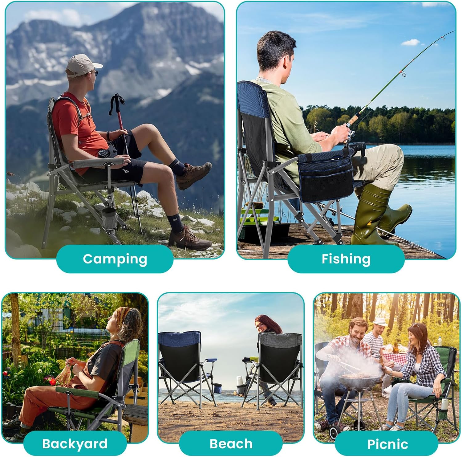 High Back Folding Camping Chair with Side Storage Pocket - Green/Black