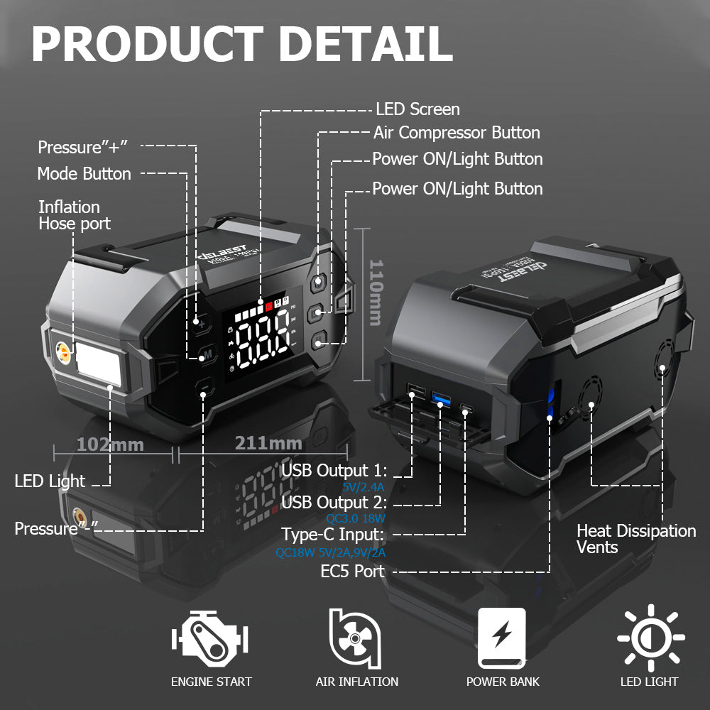 Multi-Function Portable Car Jump Starter & Digital Air Compressor