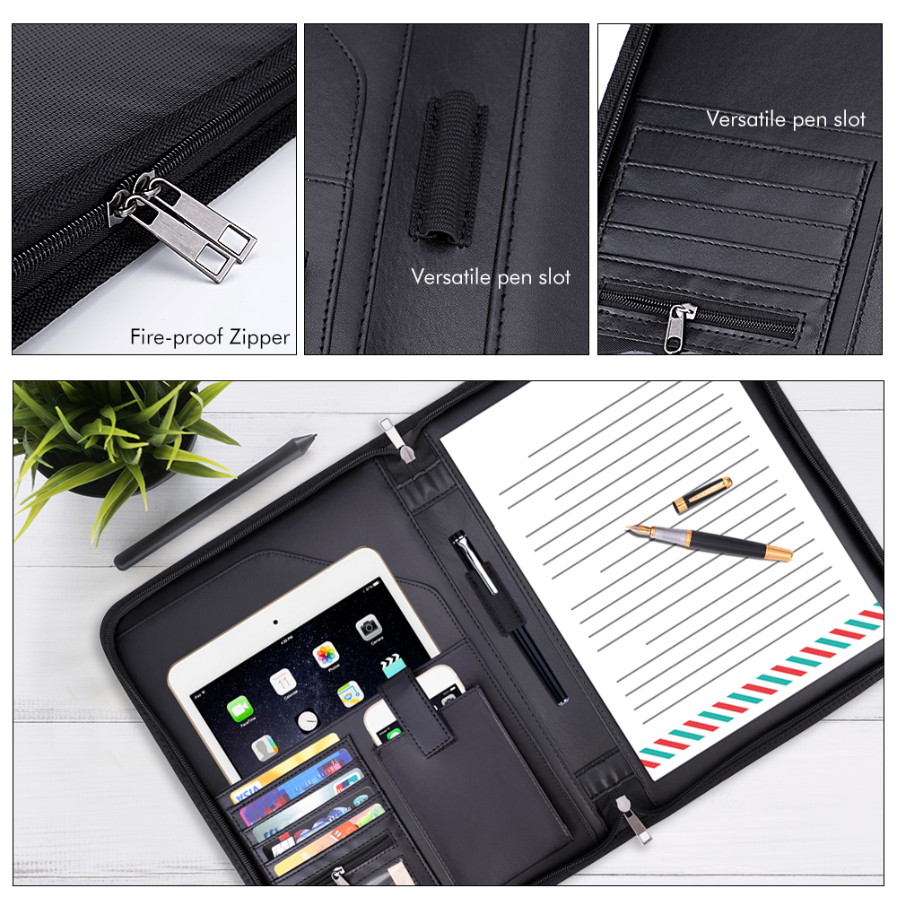 Professional Zippered Leather Executive Business Padfolio & Document Organizer