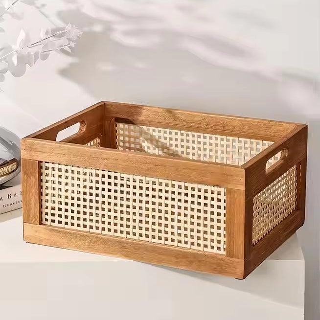 Handcrafted Wooden & Rattan Storage Crate