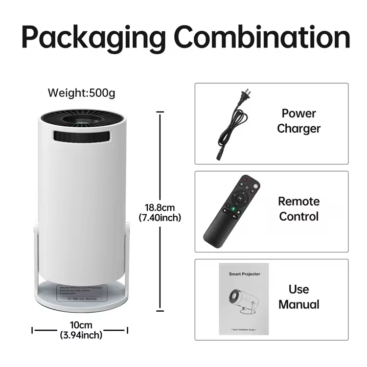 Portable Cylindrical Smart Projector with 360° Rotating Stand