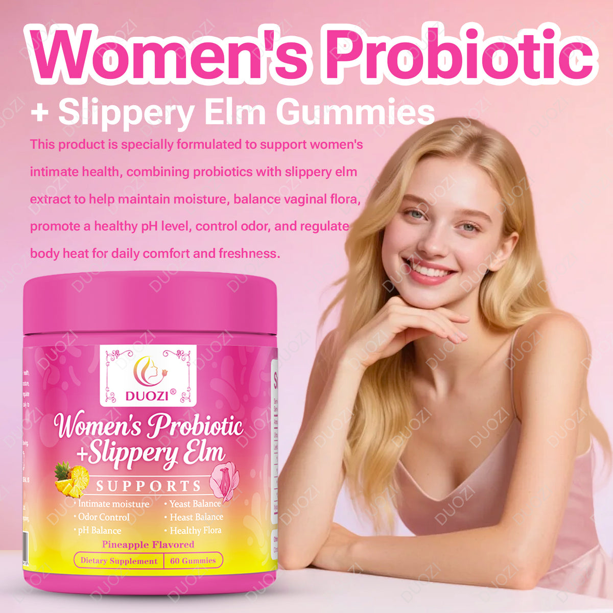 DUOZI Women's Probiotic + Slippery Elm Gummies (Pineapple Flavored)