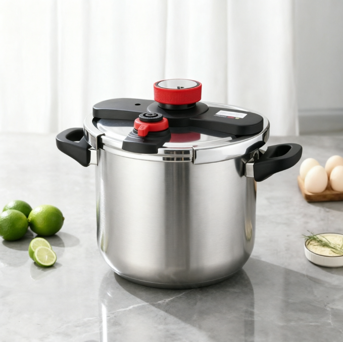 Heavy-Duty Stainless Steel Pressure Cooker with One-Hand Twist Lock Lid