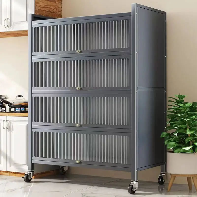 4-Tier Modern Kitchen Storage Cabinet – Multi-Purpose Utility Organizer with Fluted Glass Doors