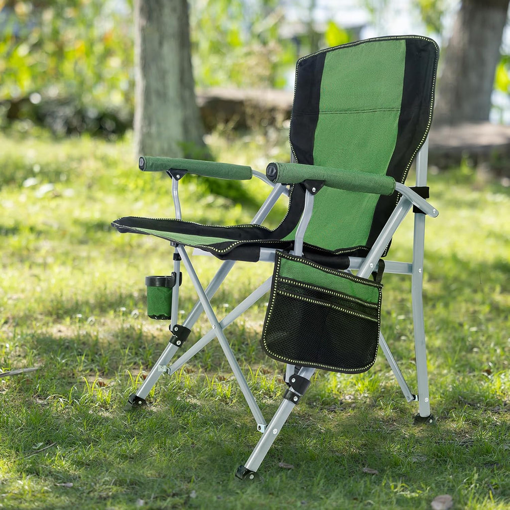 High Back Folding Camping Chair with Side Storage Pocket - Green/Black