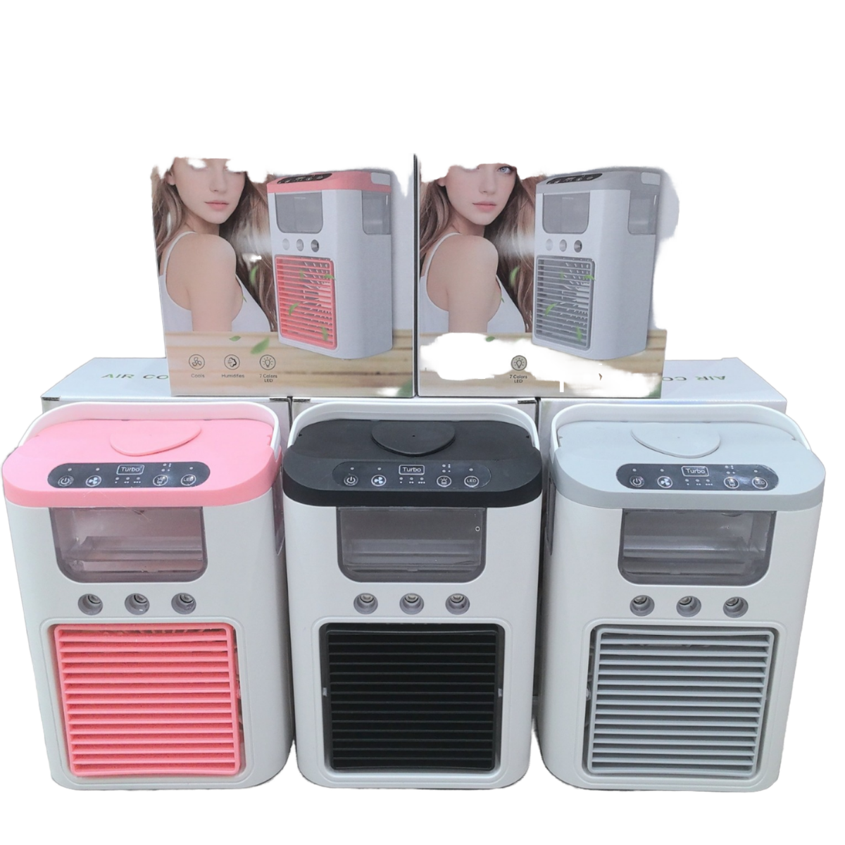 Portable Mini Air Cooler & Desktop Humidifying Fan with 7-Color LED Light