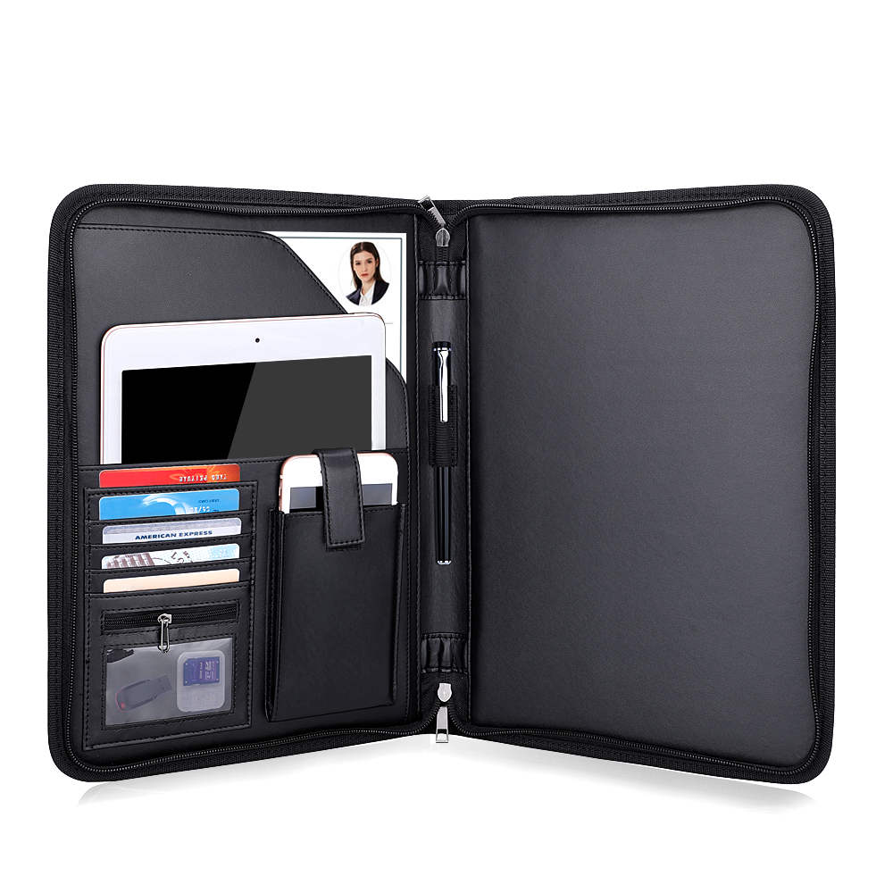 Professional Zippered Leather Executive Business Padfolio & Document Organizer
