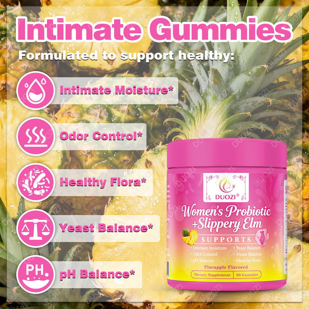 DUOZI Women's Probiotic + Slippery Elm Gummies (Pineapple Flavored)