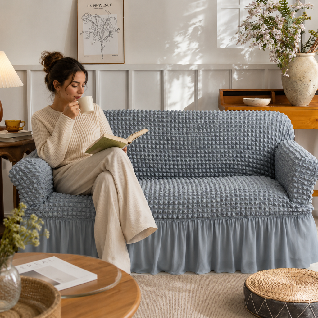 Stretchy Jacquard Sofa Slipcover with Elegant Ruffled Skirt