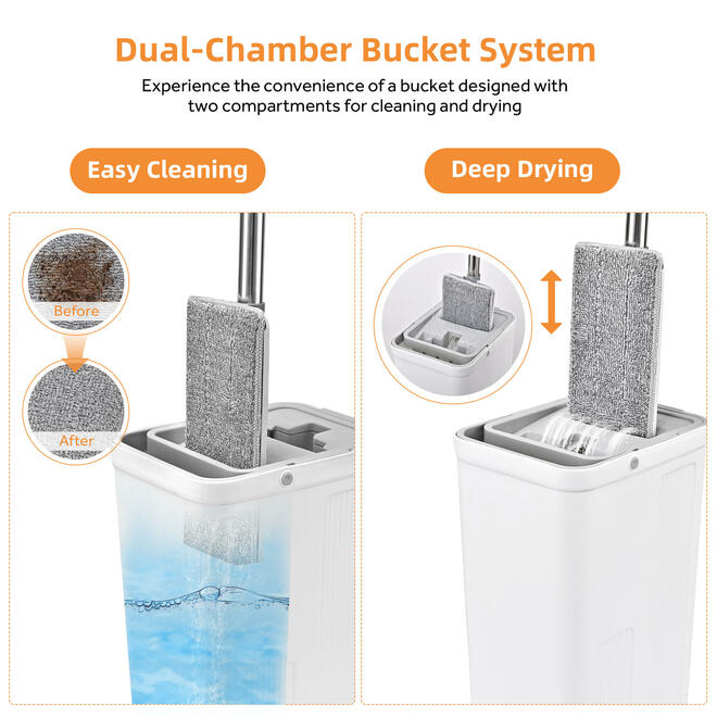 Self-cleaning flat mop and bucket set.