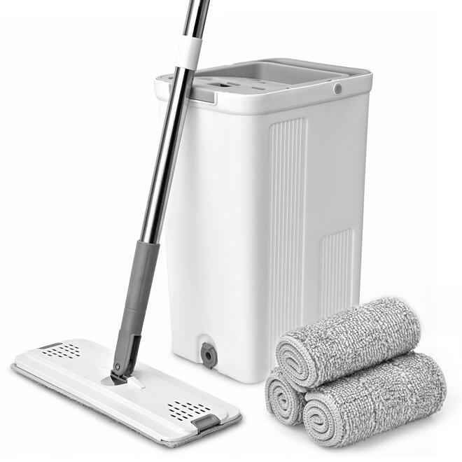 Self-cleaning flat mop and bucket set.