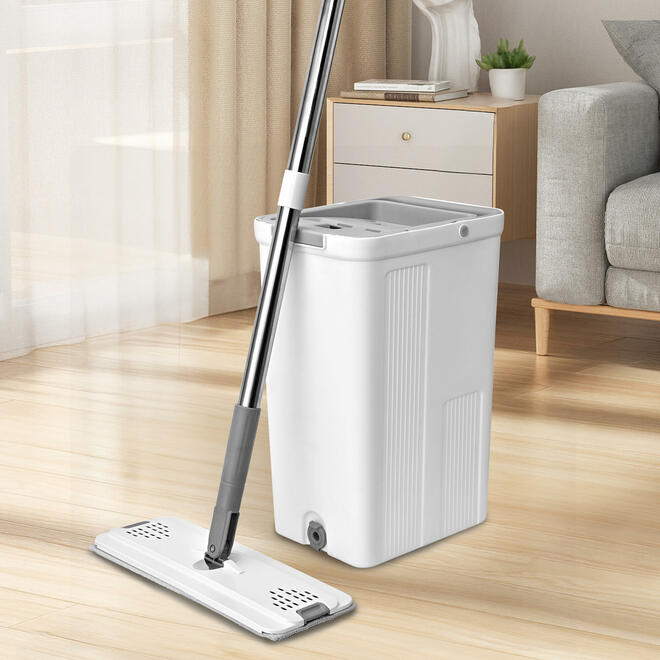 Self-cleaning flat mop and bucket set.