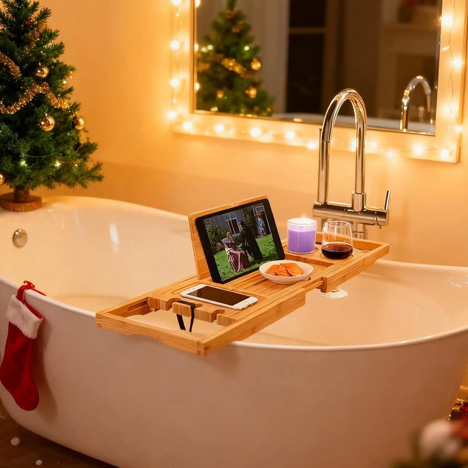 Expandable bamboo bathtub caddy tray