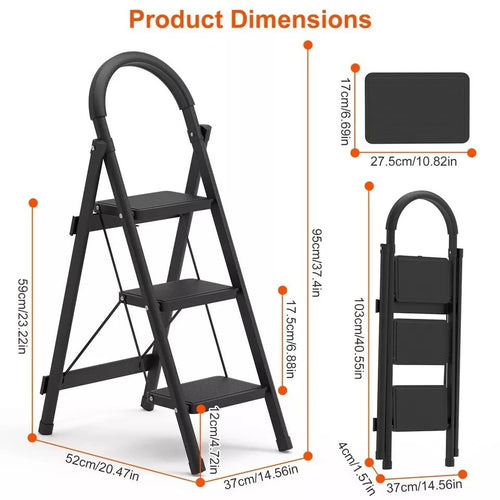 3-Step Folding Step Ladder Stool with Handgrip & Anti-Slip Pedals