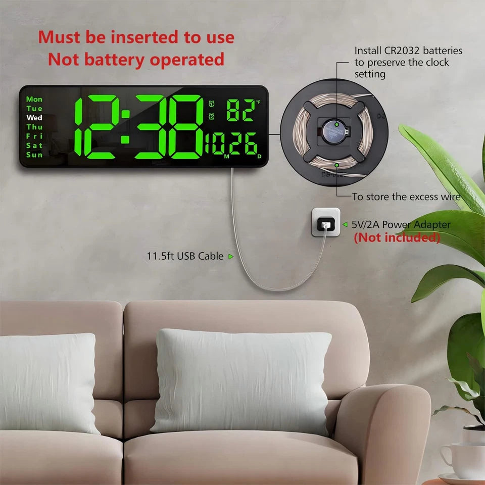 Large Digital LED Wall Clock with Remote Control & Temperature Display